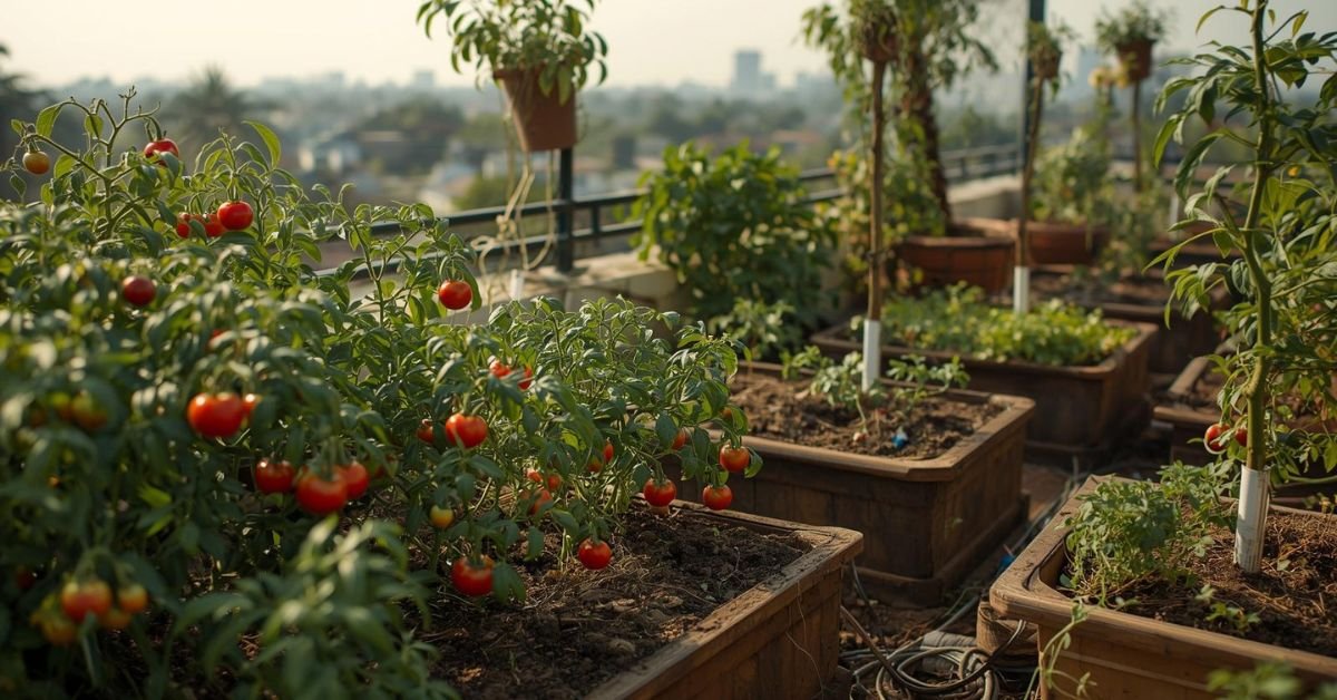Best vegetables terrace garden setup Hyderabad with tomatoes, chilies, coriander in raised beds and containers