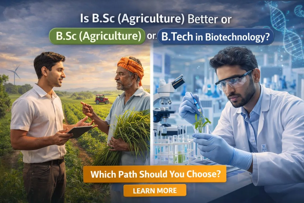 B.Sc Agriculture vs B.Tech Biotechnology comparison showing agriculture fieldwork and biotechnology laboratory careers