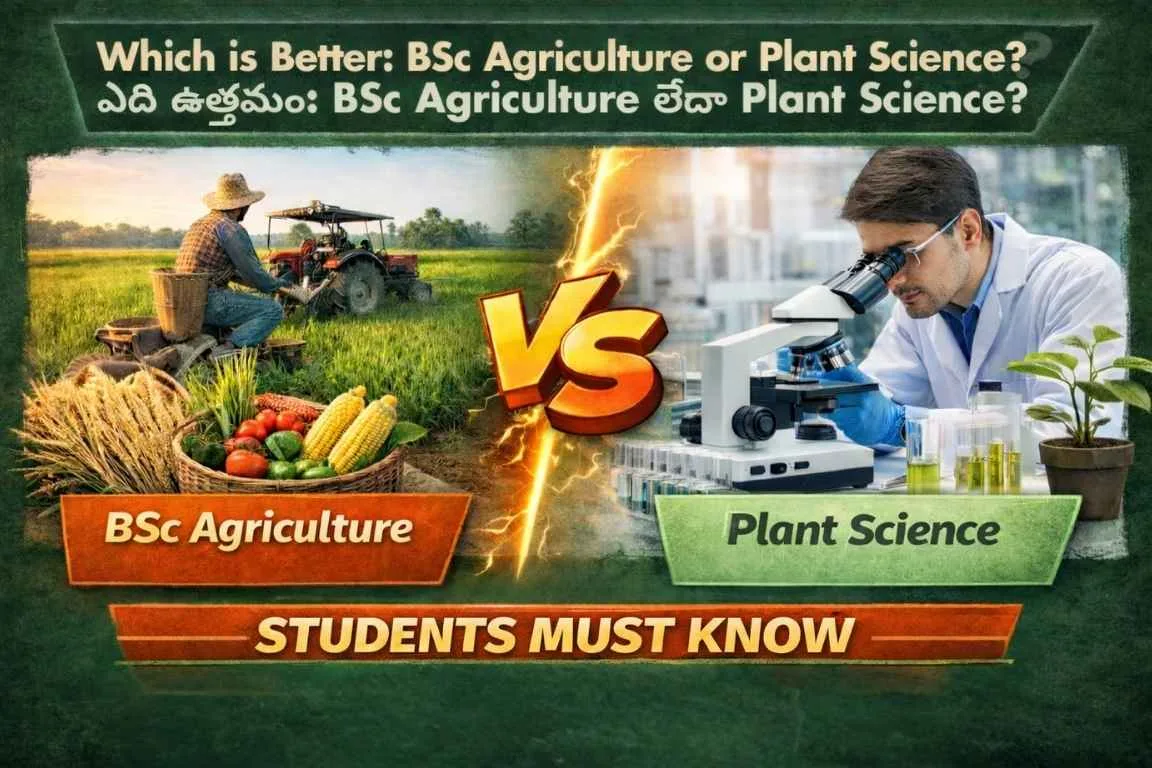 BSc Agriculture vs Plant Science comparison image showing agriculture fieldwork on one side and plant science laboratory research on the other to help students choose the right course