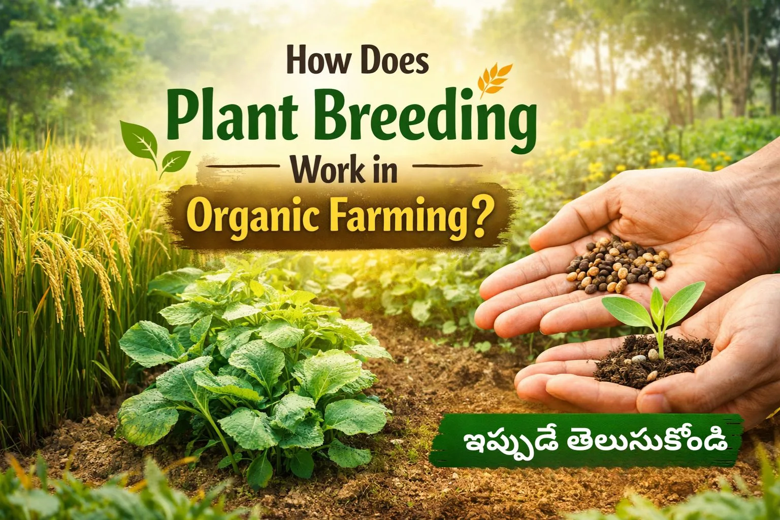 Plant breeding in organic farming showing hands holding seeds on an organic farm with healthy crops