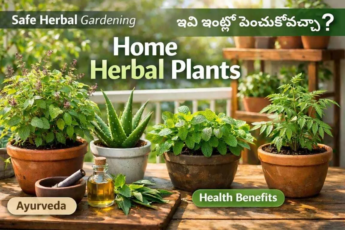 Home Herbal Plants Safety – Realistic home herbal garden with Tulsi, Aloe Vera, Mint, and Neem showing safe gardening practices