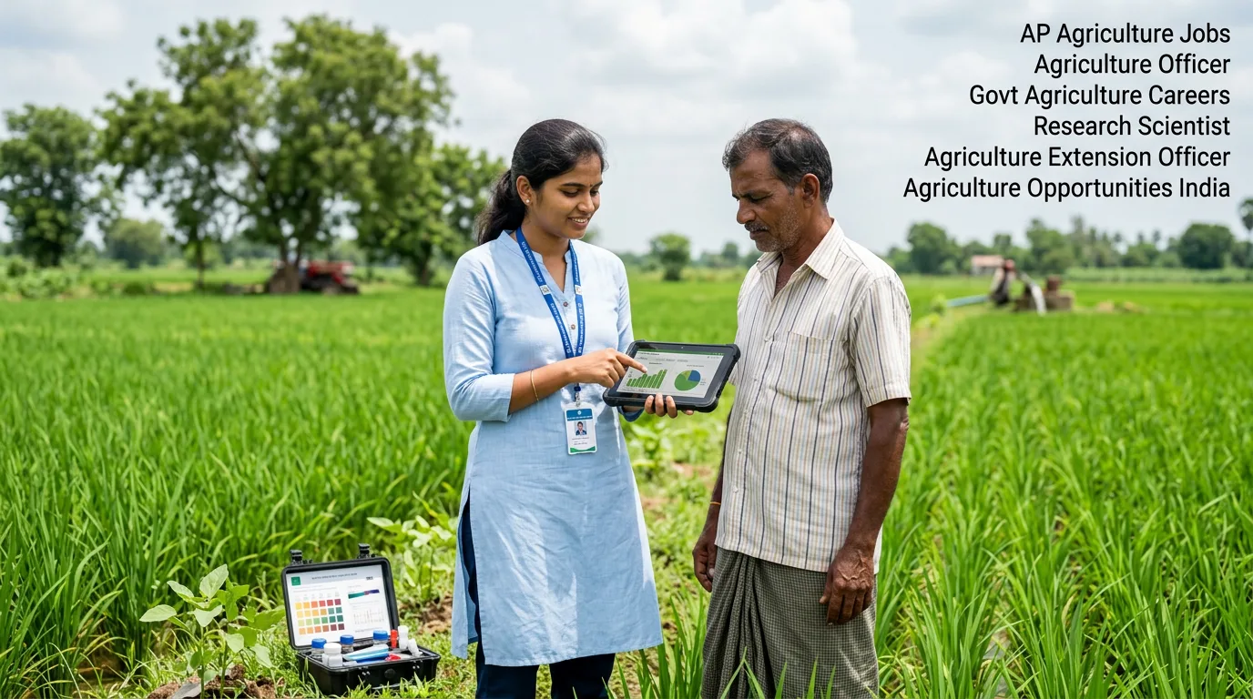 AP Agriculture Courses job opportunities showing agriculture officer guiding farmer in crop field in India