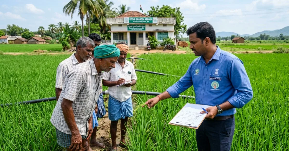 AP Agriculture Officer advising farmers about crop cultivation in agriculture field