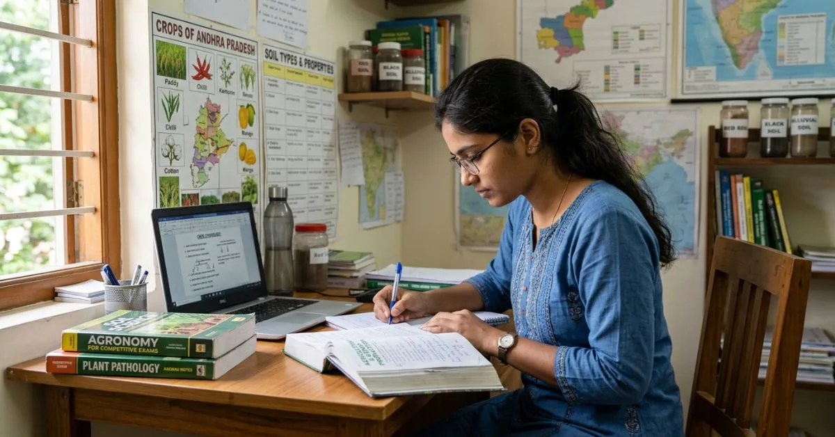 Agriculture student preparing for AP Agriculture Officer exam with books and laptop